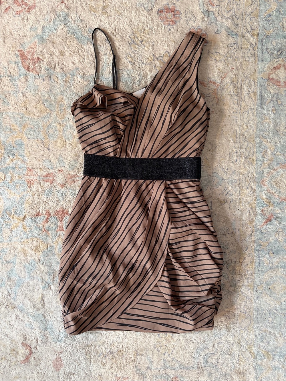 lola One-Shoulder Striped Tan and Black Cocktail Dress